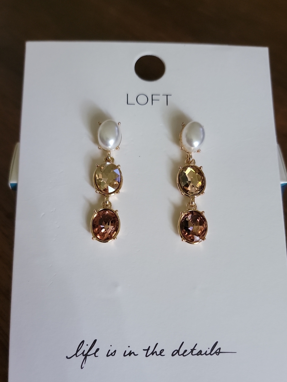 LOFT Gold-Tone Earrings with White Faux Pearl and Brown/Champagne Crystals
